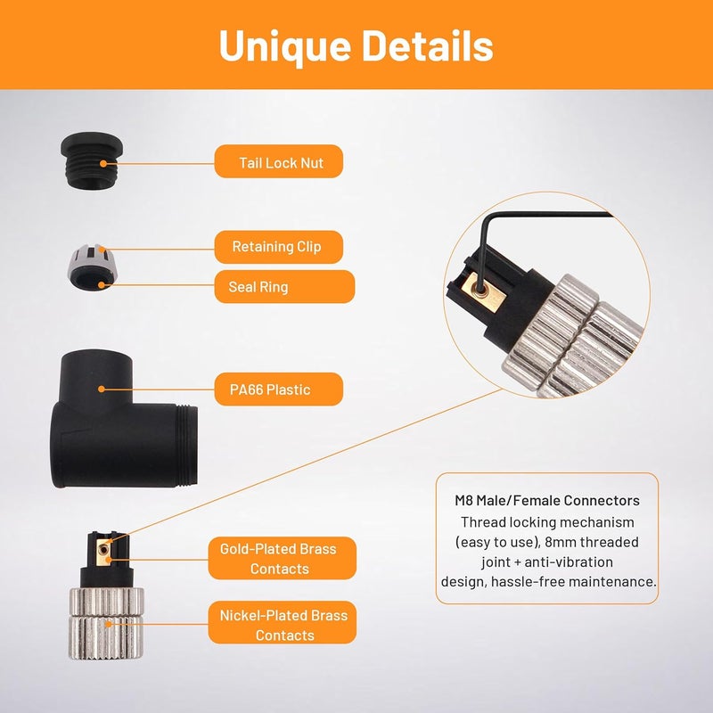 Elecbee M8 Connector Screw Type Connector Right Angle Assemble Cable Plug Unshield (3 Pin Female A-Code) - Image 4